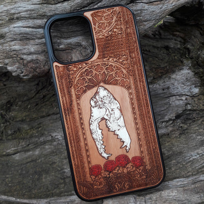 Gothic skull with roses engraved on a wooden phone case, compatible with iPhone  and Samsung Galaxy