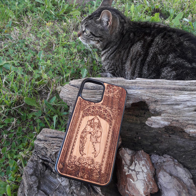 Wooden phone case with gothic horse skull and roses design, handcrafted for iPhone , iPhone 15, Samsung Galaxy S, and other models. A unique, stylish, and durable accessory for fans of dark art and gothic themes.