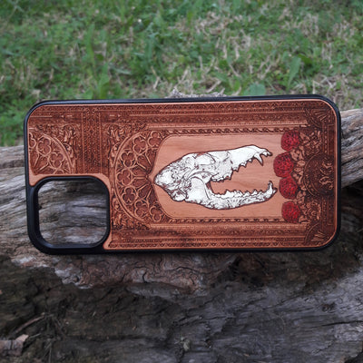 Gothic skull with roses engraved on a wooden phone case, compatible with iPhone  and Samsung Galaxy