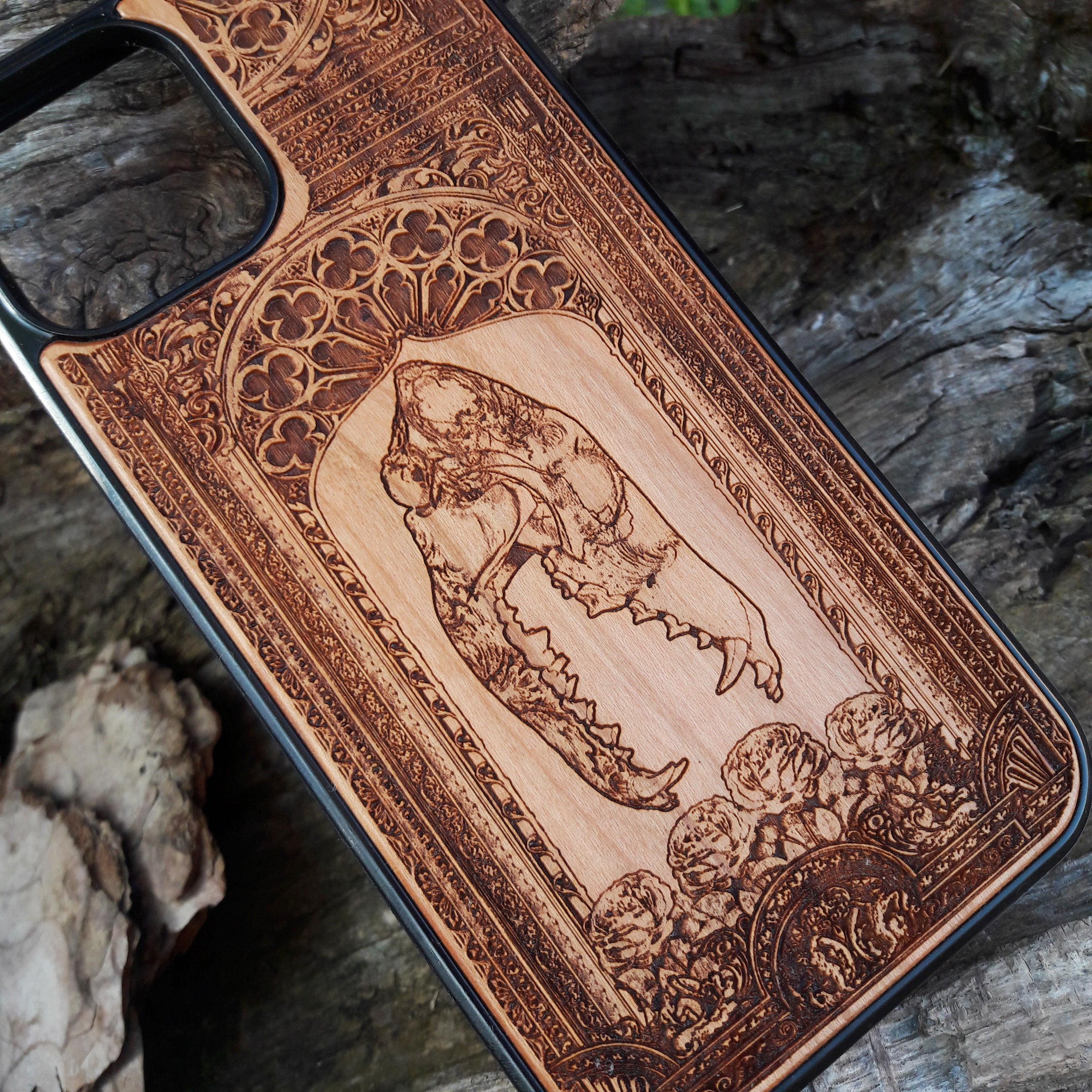 Wooden phone case with gothic horse skull and roses design, handcrafted for iPhone 16, iPhone 15, Samsung Galaxy S25, and other models. A unique, stylish, and durable accessory for fans of dark art and gothic themes.