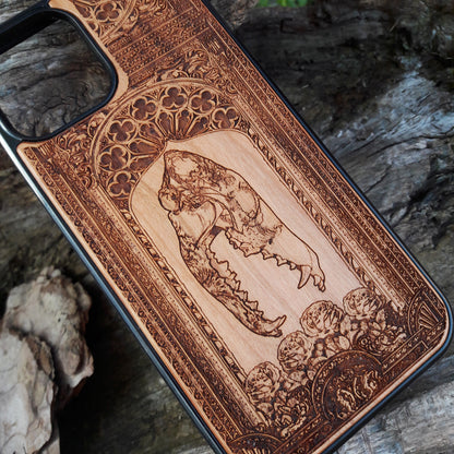 Wooden phone case with gothic horse skull and roses design, handcrafted for iPhone 16, iPhone 15, Samsung Galaxy S25, and other models. A unique, stylish, and durable accessory for fans of dark art and gothic themes.