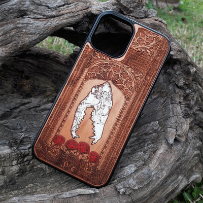 Gothic skull with roses engraved on a wooden phone case, compatible with iPhone  and Samsung Galaxy