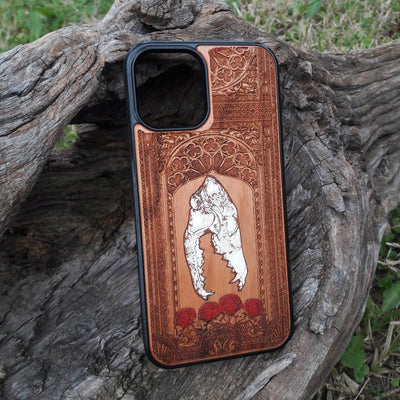 Gothic skull with roses engraved on a wooden phone case, compatible with iPhone  and Samsung Galaxy