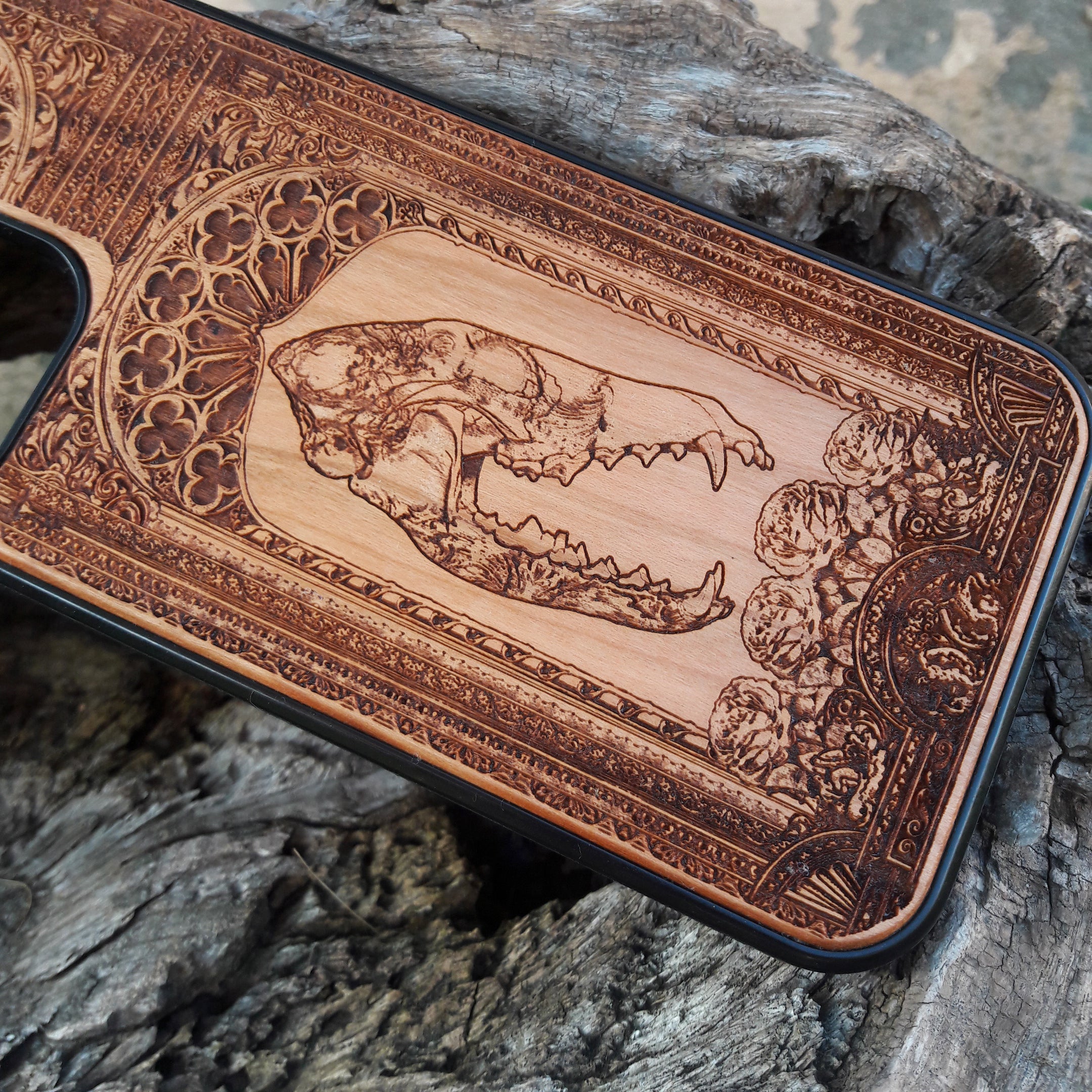 Wooden phone case with gothic horse skull and roses design, handcrafted for iPhone 16, iPhone 15, Samsung Galaxy S25, and other models. A unique, stylish, and durable accessory for fans of dark art and gothic themes.
