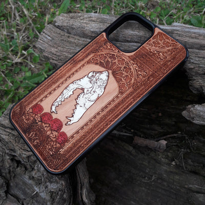 Gothic skull with roses engraved on a wooden phone case, compatible with iPhone  and Samsung Galaxy