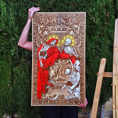 Gothic engraved wood art – gothic art, engraved wood, dark fantasy, skeleton design, artisan crafted