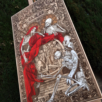 Gothic engraved wood art – gothic art, engraved wood, dark fantasy, skeleton design, artisan crafted
