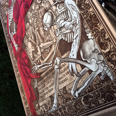 Gothic engraved wood art – gothic art, engraved wood, dark fantasy, skeleton design, artisan crafted