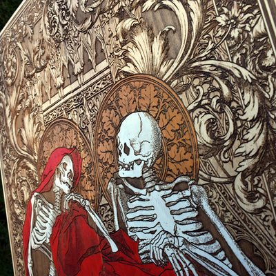Gothic engraved wood art – gothic art, engraved wood, dark fantasy, skeleton design, artisan crafted