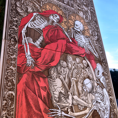 Gothic engraved wood art – gothic art, engraved wood, dark fantasy, skeleton design, artisan crafted