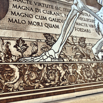 Gothic engraved wood art – gothic art, engraved wood, dark fantasy, skeleton design, artisan crafted