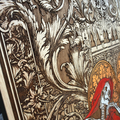 Gothic engraved wood art – gothic art, engraved wood, dark fantasy, skeleton design, artisan crafted