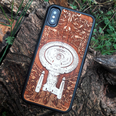 Intergalactic Ship IV Enterprise - Wood Phone Case - Hand Painted Alien xenomorph HR Giger biomechanical engraved phone