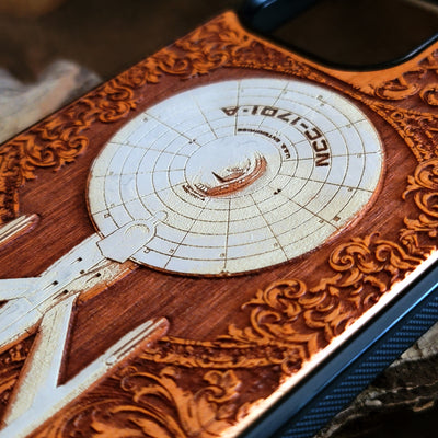 Intergalactic Ship VI Enterprise - Wood Phone Case - Hand Painted Alien xenomorph HR Giger biomechanical engraved phone