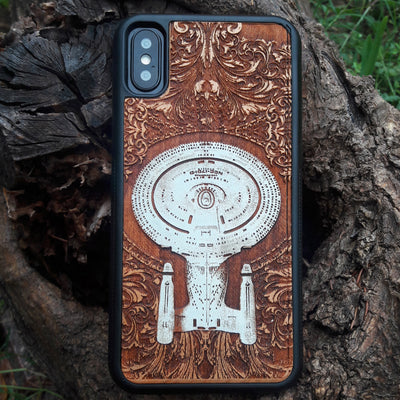 Intergalactic Ship IV Enterprise - Wood Phone Case - Hand Painted Alien xenomorph HR Giger biomechanical engraved phone