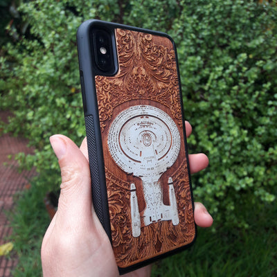 Intergalactic Ship IV Enterprise - Wood Phone Case - Hand Painted Alien xenomorph HR Giger biomechanical engraved phone