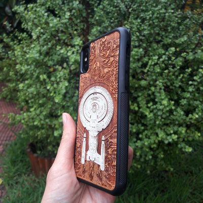 Intergalactic Ship IV Enterprise - Wood Phone Case - Hand Painted Alien xenomorph HR Giger biomechanical engraved phone