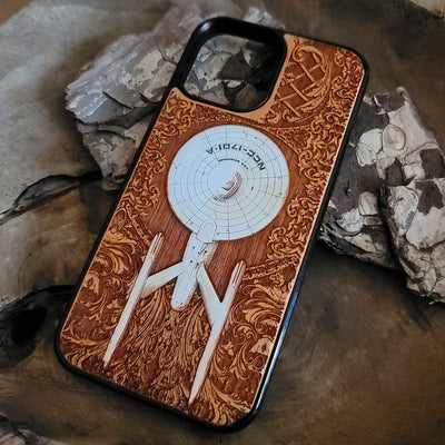 Intergalactic Ship VI Enterprise - Wood Phone Case - Hand Painted Alien xenomorph HR Giger biomechanical engraved phone