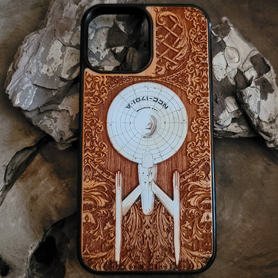 Intergalactic Ship VI Enterprise - Wood Phone Case - Hand Painted Alien xenomorph HR Giger biomechanical engraved phone
