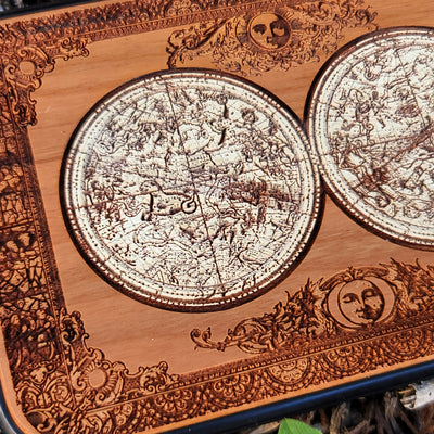 Star constellation artwork engraved on a wooden phone case, compatible with iPhone and Samsung Galaxy