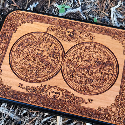 Wooden phone case featuring an intricate Earth map engraving, available for iPhone , Samsung Galaxy S, and more. Eco-friendly, unique design, ideal for lovers of travel and geography.