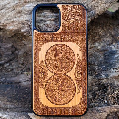 Wooden phone case featuring an intricate Earth map engraving, available for iPhone , Samsung Galaxy S, and more. Eco-friendly, unique design, ideal for lovers of travel and geography.