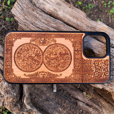 Wooden phone case featuring an intricate Earth map engraving, available for iPhone , Samsung Galaxy S, and more. Eco-friendly, unique design, ideal for lovers of travel and geography.