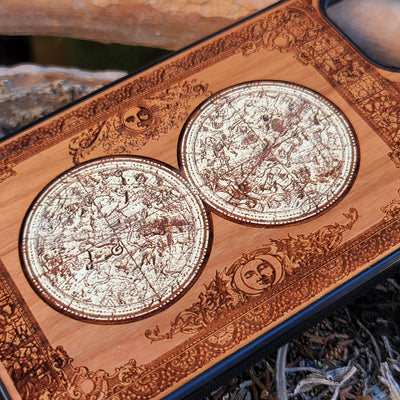 Star constellation artwork engraved on a wooden phone case, compatible with iPhone and Samsung Galaxy
