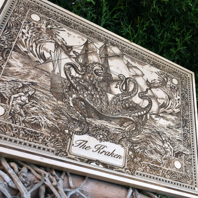 Handcrafted wood artwork featuring the Kraken rising from the sea