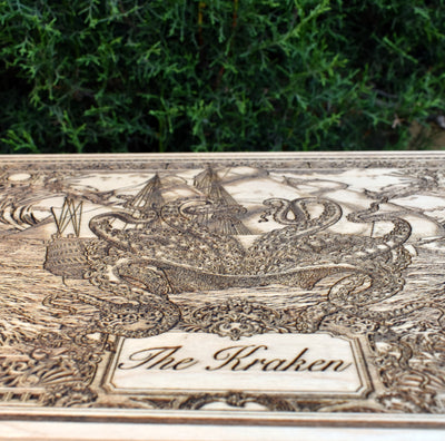 Engraved wooden Kraken art, nautical home decor for ocean lovers