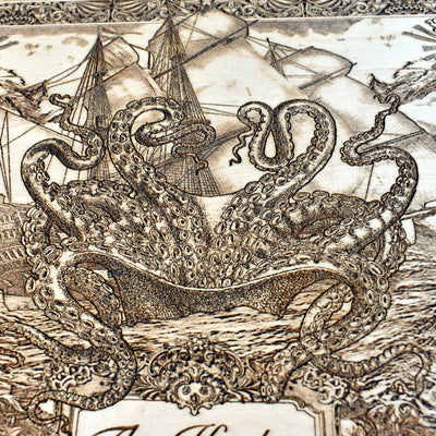 The Kraken rising wood engraving, detailed laser-cut sea monster