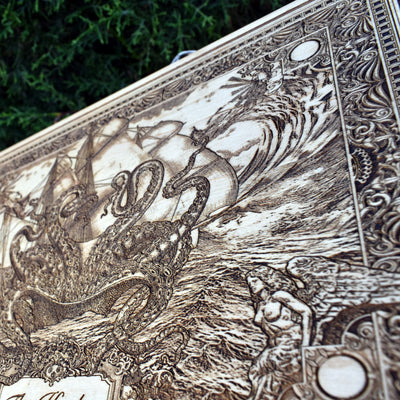 Unique maritime wall art, octopus engraving on natural wood