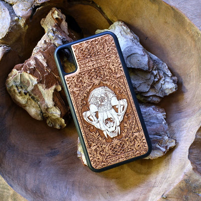 Laser-engraved "The Cursed" design featuring an evil cat skull on a wooden phone case, compatible with iPhone and samsung galaxy