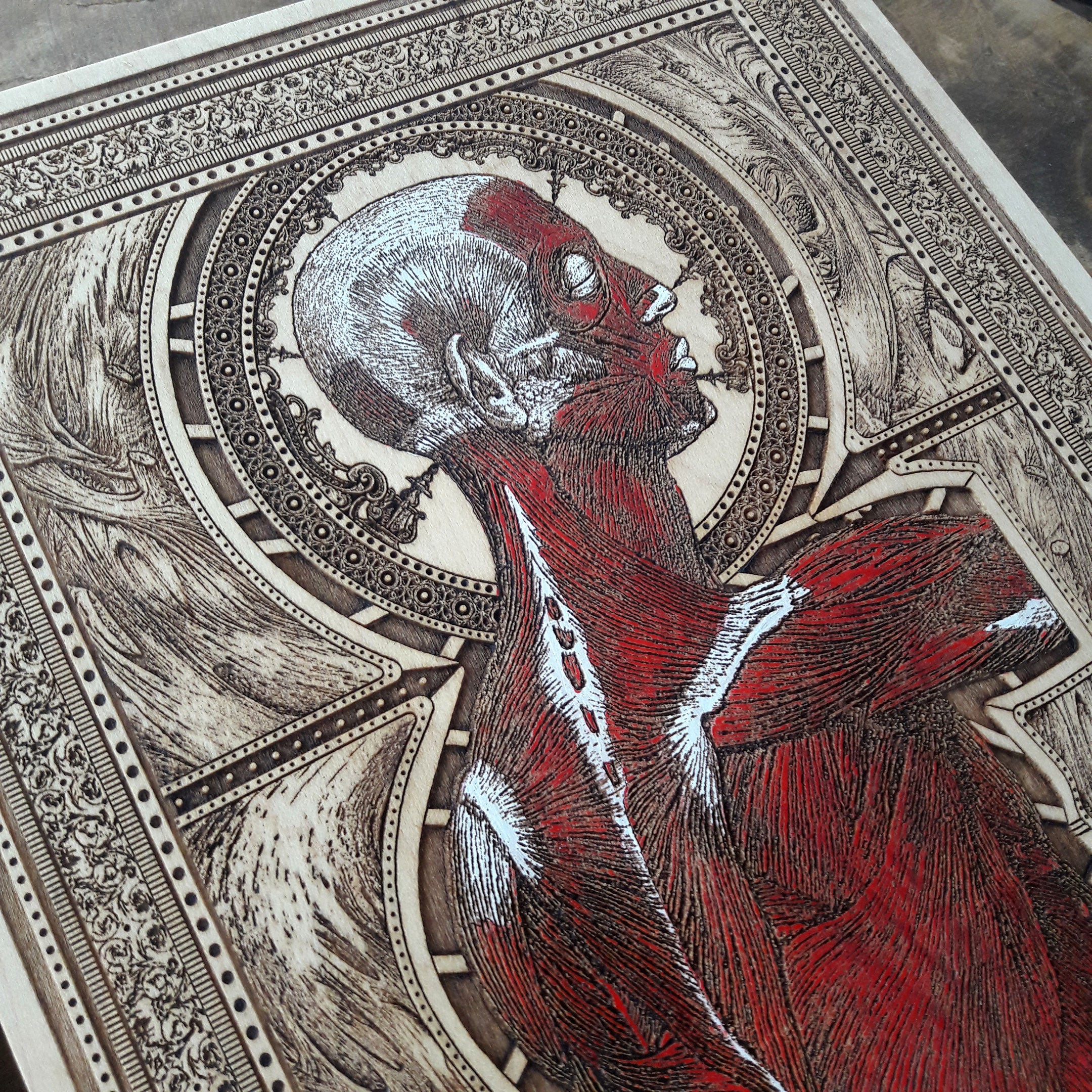Detailed anatomical painting on wood panel, handcrafted medical art piece.