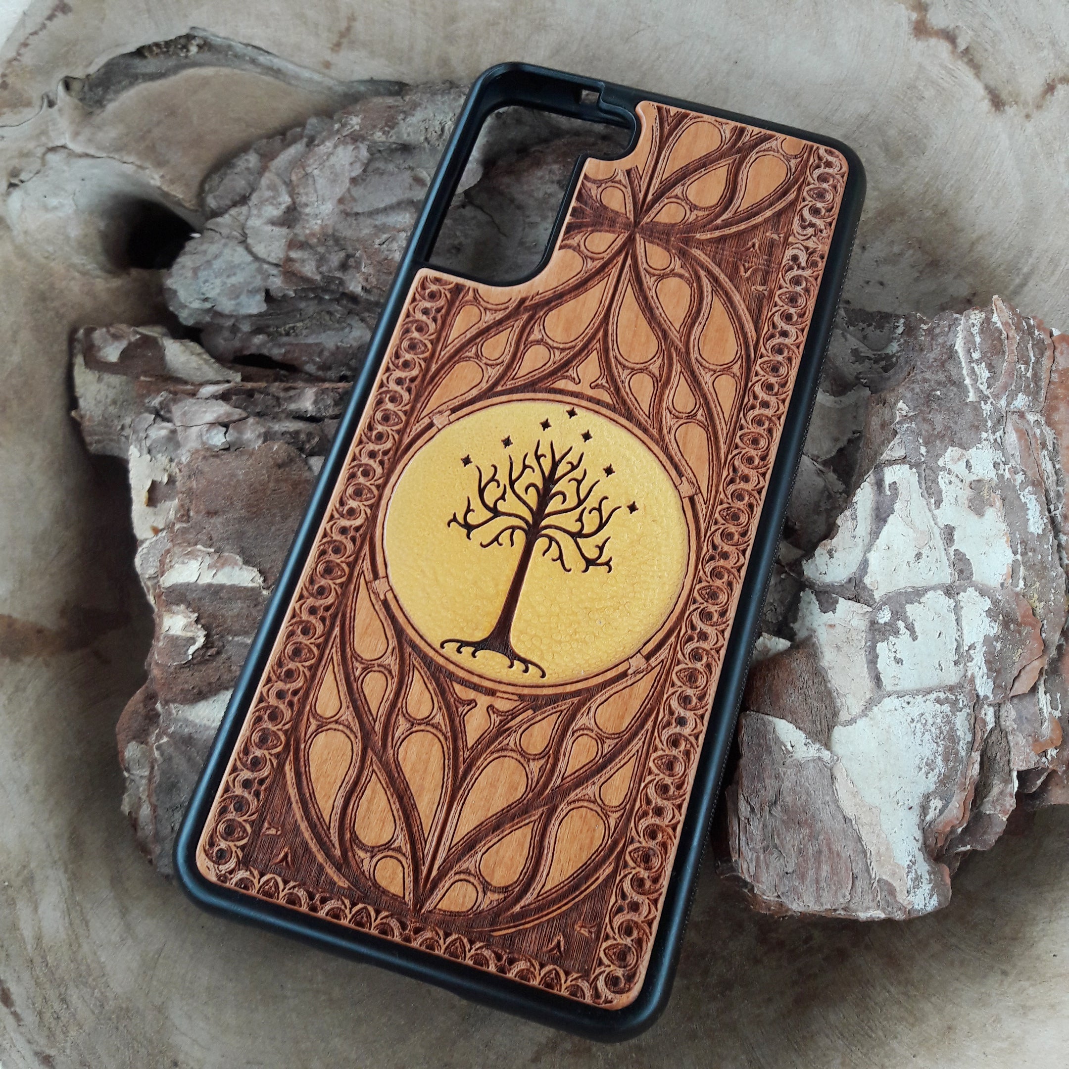 Wood phone case with custom symbol design for iPhone & Samsung Galaxy. Laser-engraved for a unique, personalized look, compatible with iPhone 16,15, 14, 13, 12, 11 Pro Max Mini & Samsung Galaxy S25, S24, S23, S22, S21, S20 Ultra Plus Note 20.