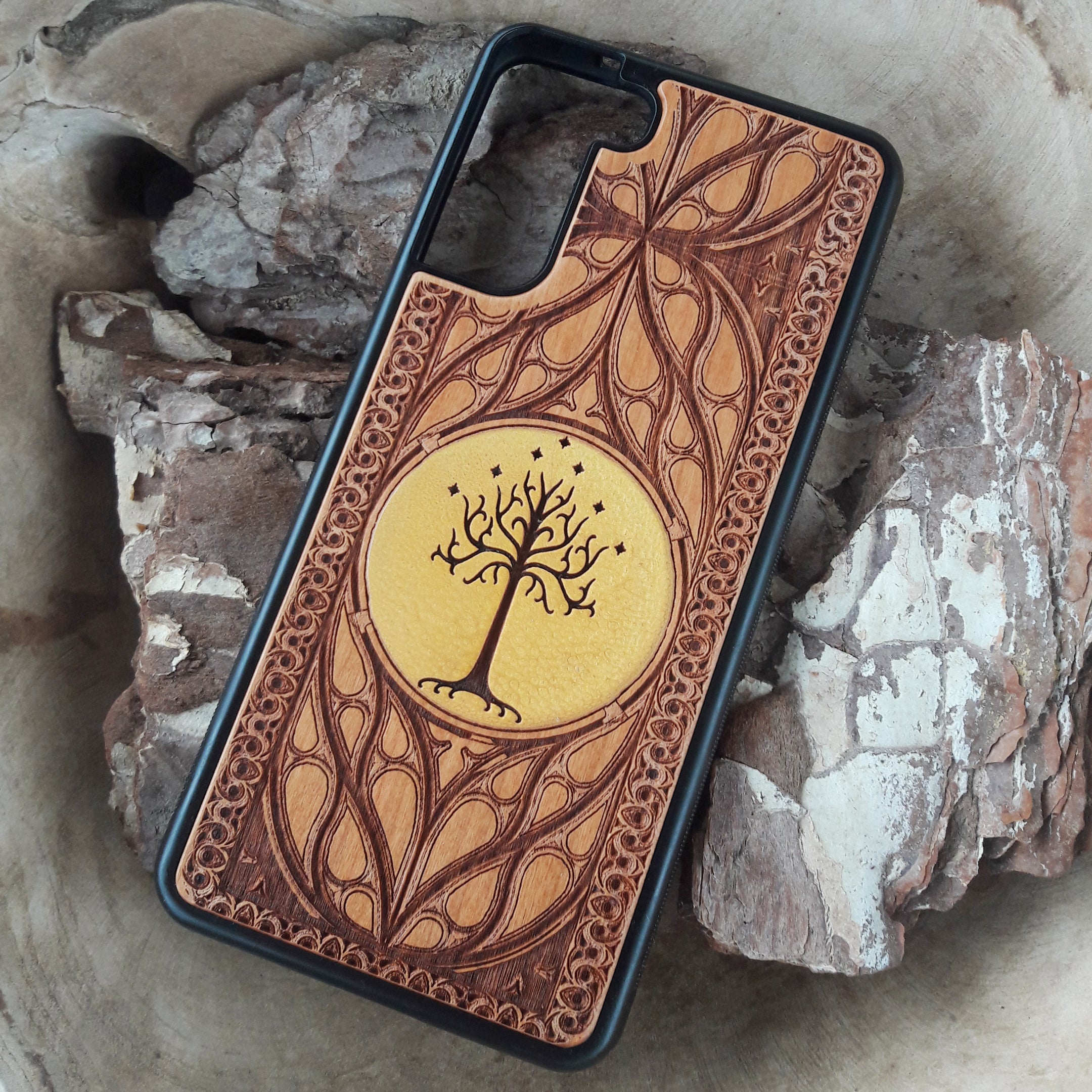 Wood phone case with custom symbol design for iPhone & Samsung Galaxy. Laser-engraved for a unique, personalized look, compatible with iPhone 16,15, 14, 13, 12, 11 Pro Max Mini & Samsung Galaxy S25, S24, S23, S22, S21, S20 Ultra Plus Note 20.