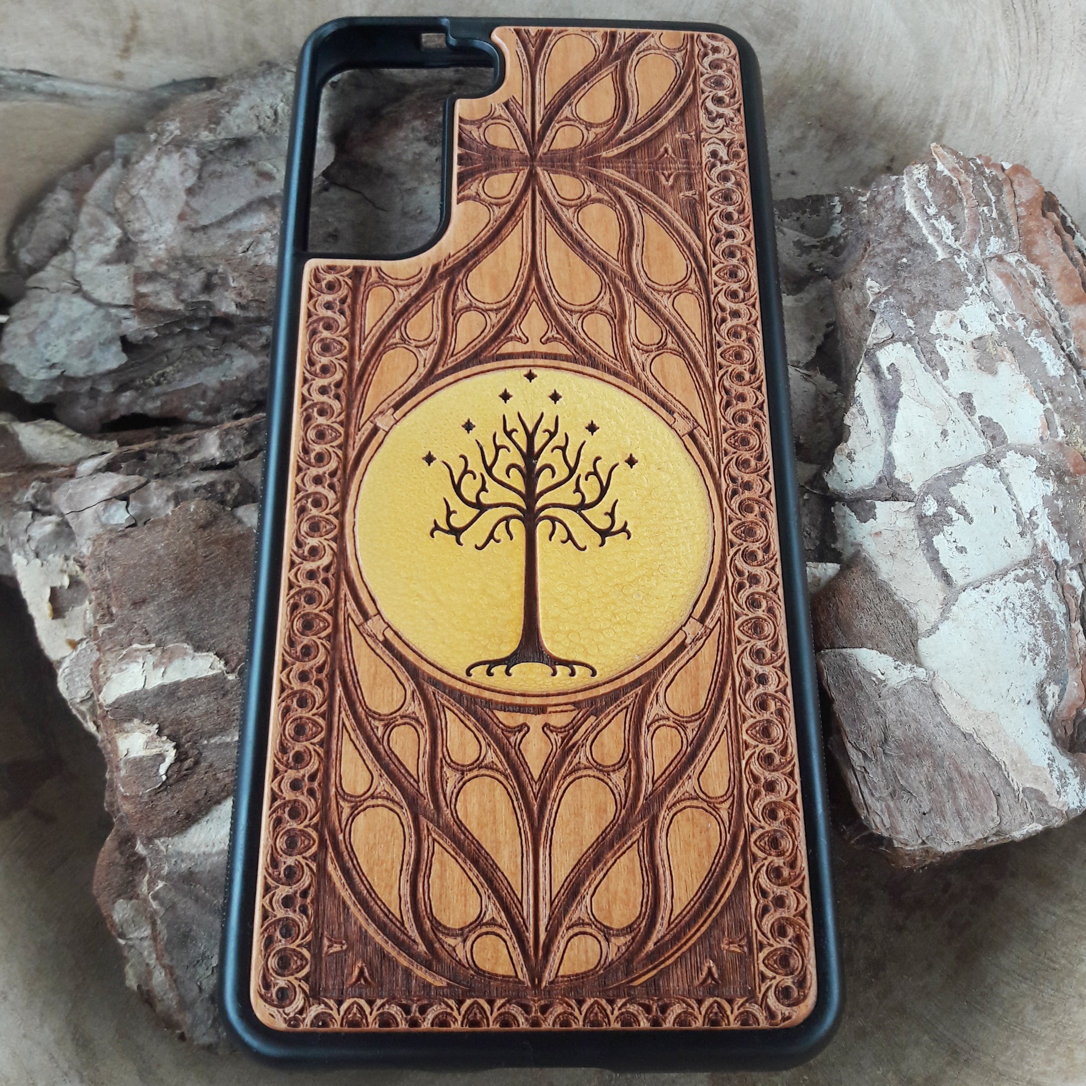 Wood phone case with custom symbol design for iPhone & Samsung Galaxy. Laser-engraved for a unique, personalized look, compatible with iPhone 16,15, 14, 13, 12, 11 Pro Max Mini & Samsung Galaxy S25, S24, S23, S22, S21, S20 Ultra Plus Note 20.