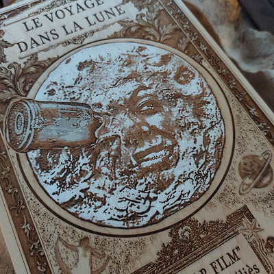Artistic wood tribute to the first sci-fi film, A Trip to the Moon