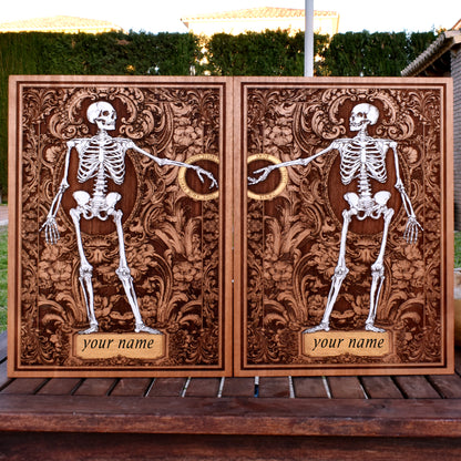 Hand-carved gothic skeleton love wood art for couples & weddings