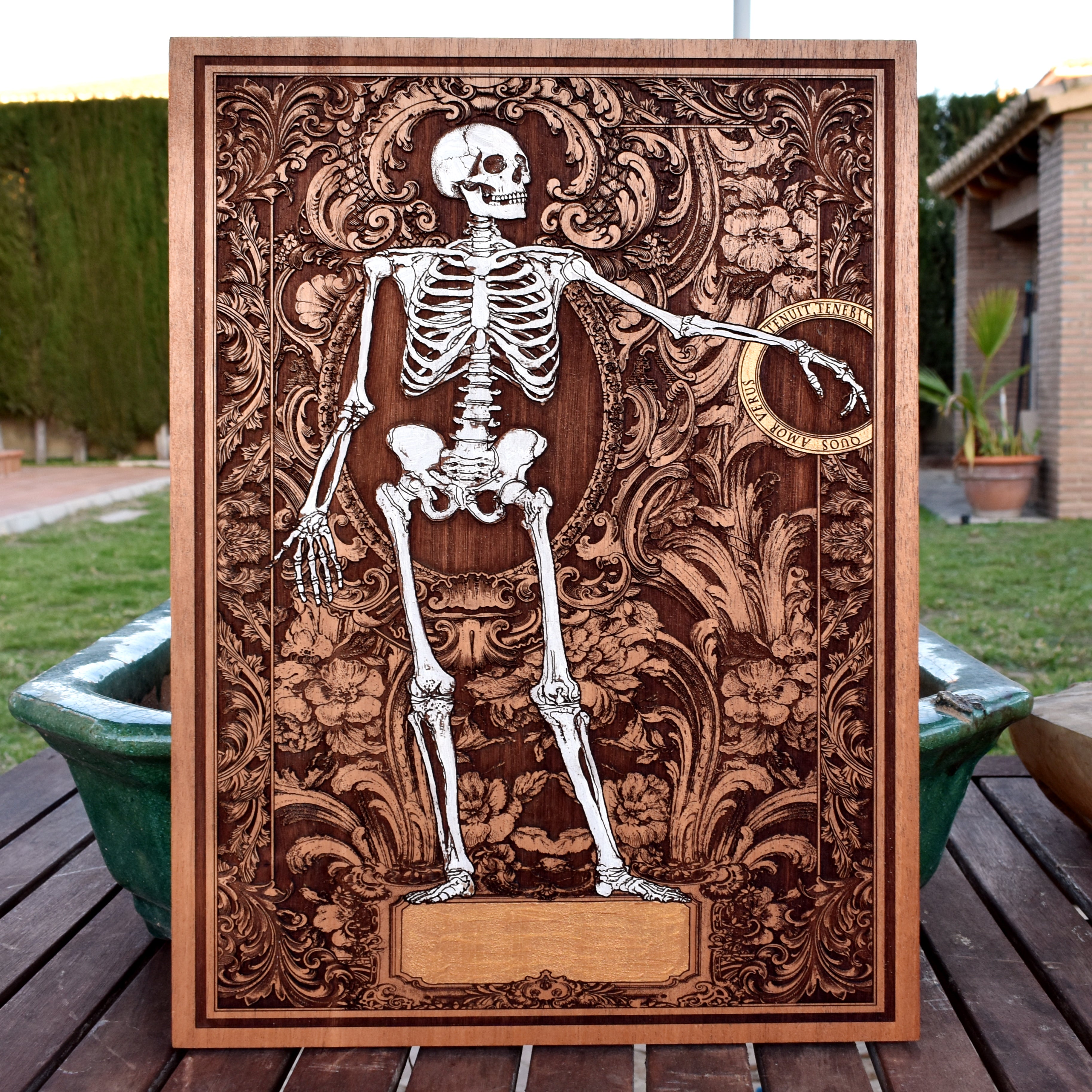 Spooky skeleton lovers wood engraving – unique engagement gift