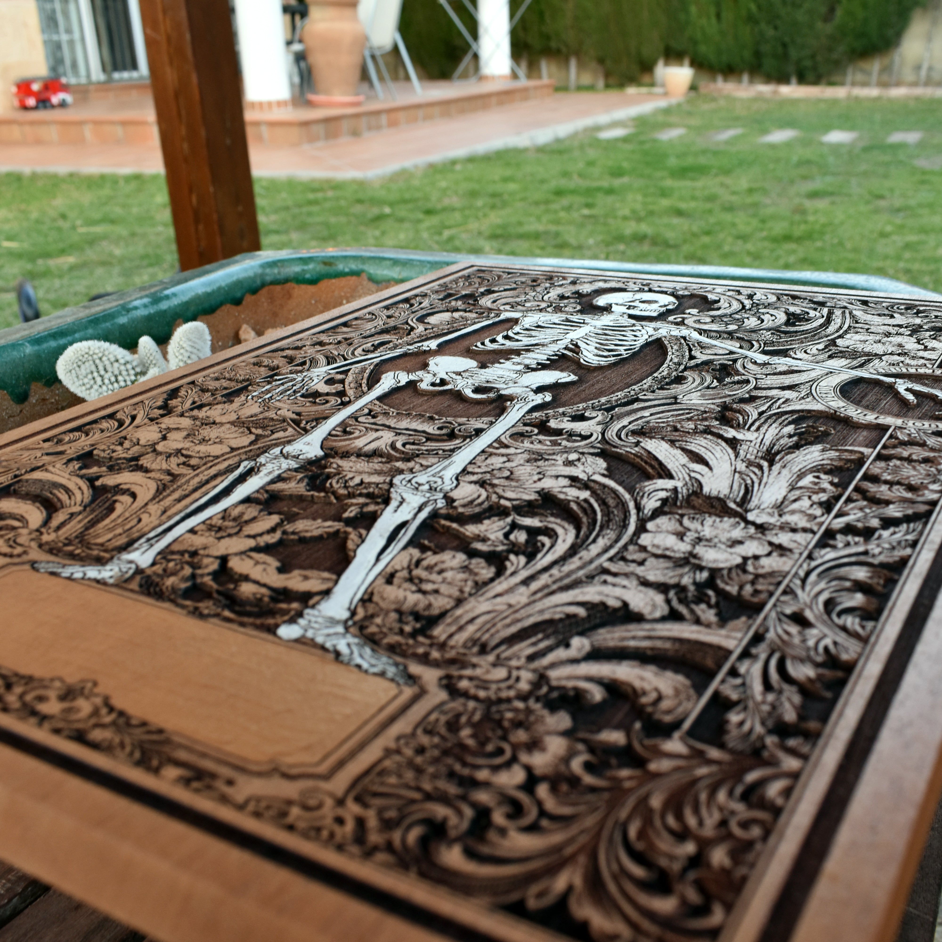 Skeleton couple love art on wood – 5-year anniversary present
