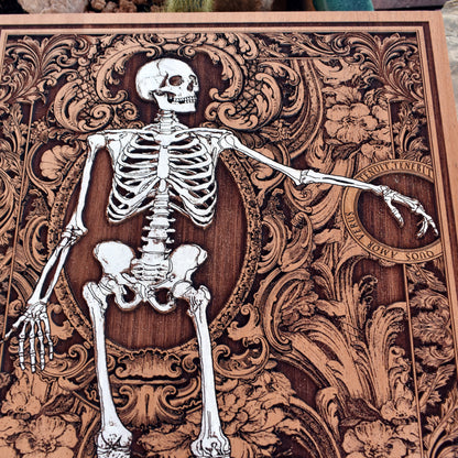 Personalized skeleton couple wood engraving, handcrafted for couples.