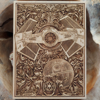 Handmade Star Wars Tie Fighter wood wall art, sci-fi decor for fans.