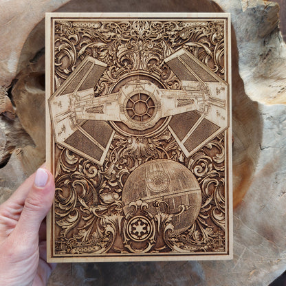 Sci-fi geek wall art, handcrafted Star Wars Tie Fighter piece.