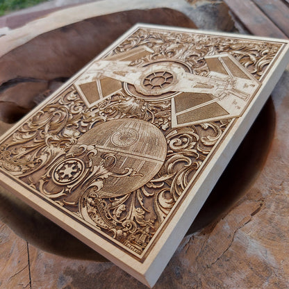 Perfect Star Wars gift, detailed Tie Fighter wood engraving.