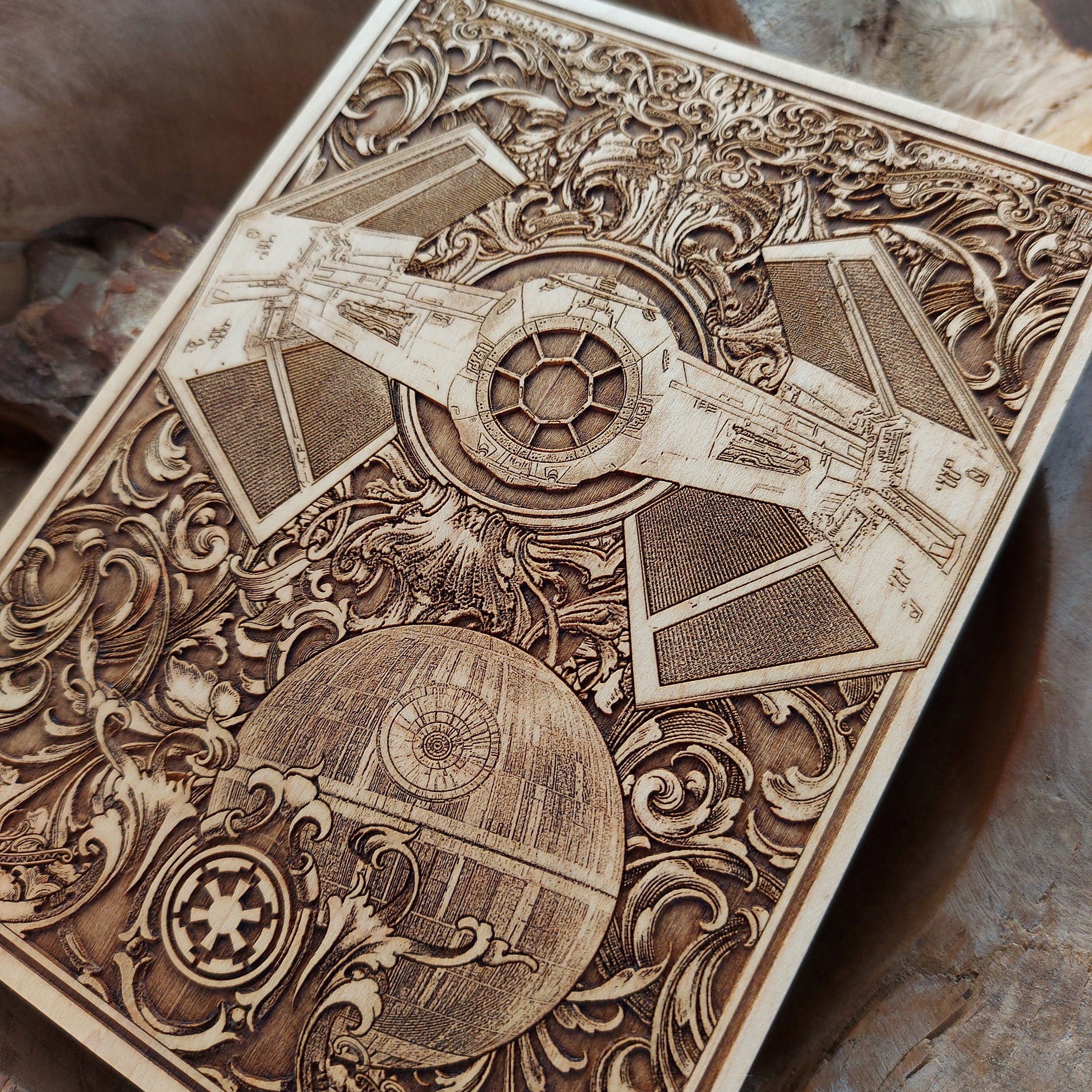 Futuristic space battle decor, Star Wars Tie Fighter wood art.