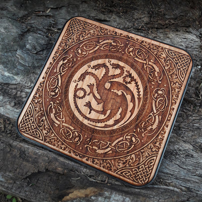 Artisan wireless charger with Targaryen dragon symbol.