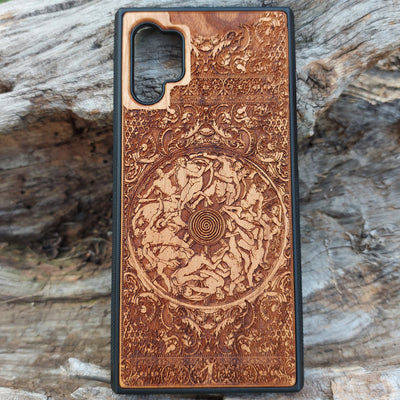 War-themed wooden phone case with gothic engravings, designed for iPhone , iPhone 15, Samsung Galaxy S, Note 20, and more. Intricate, handcrafted design perfect for history and gothic art enthusiasts.