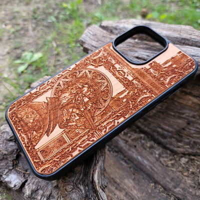 Wooden phone case with gothic Confession design, carved with intricate details. Compatible with iPhone , iPhone 15, Samsung Galaxy S, S24, and more. Unique, handcrafted, and eco-friendly.