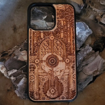 Religious gothic wooden phone case featuring intricate carvings, perfect for iPhone , iPhone 15, Galaxy S, and other models. A unique, handcrafted accessory ideal for fans of gothic and religious art.